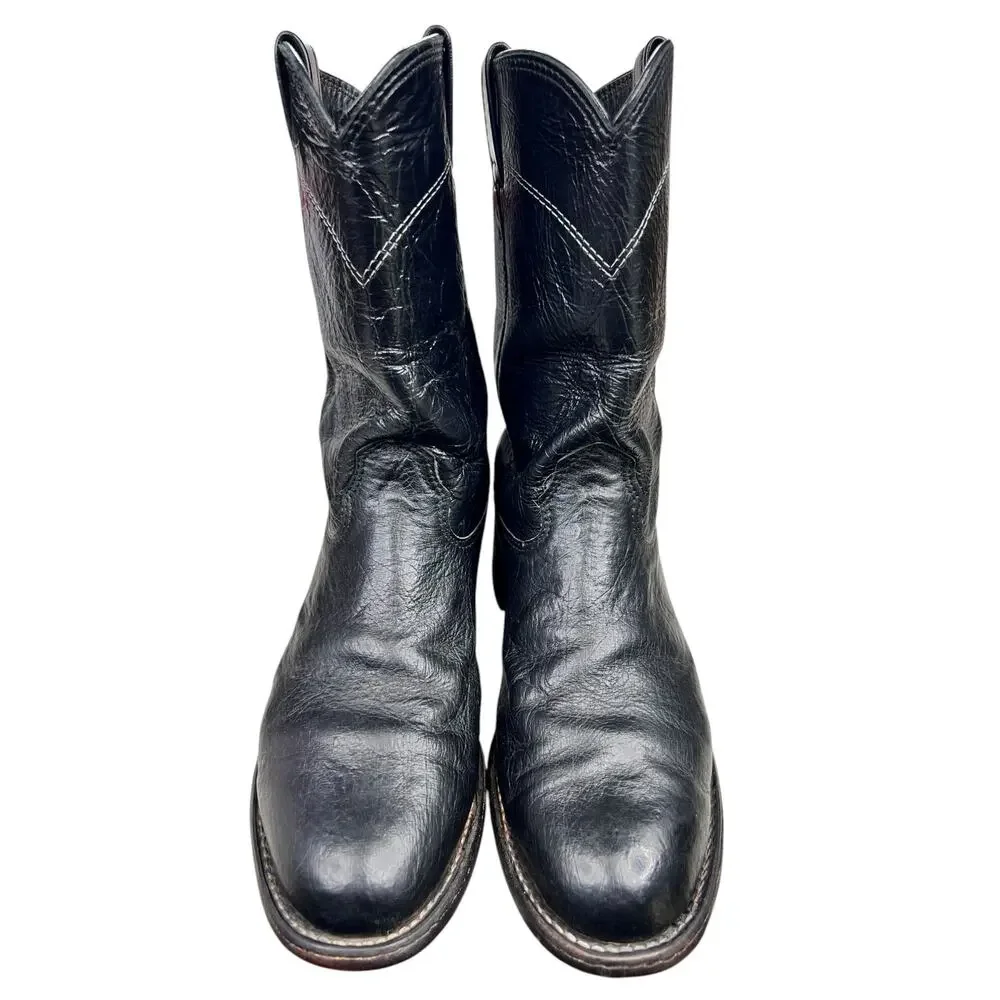 Larry Mahan Men’s Black Leather Cowboy Boots Size US 7.5 D